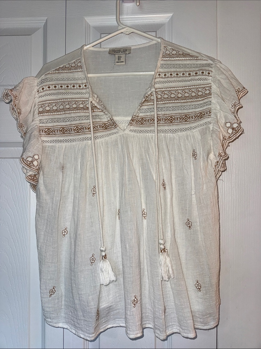 Rachel Zoe Cream Peasant Blouse with Tan Embroidery